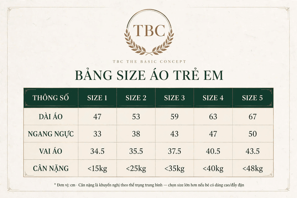 Bảng size áo trẻ em chuẩn The Basic Concept